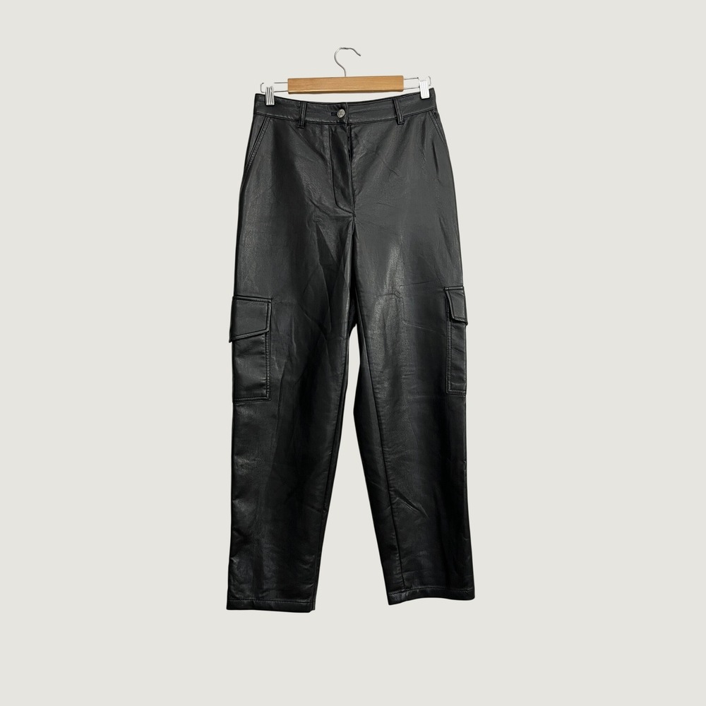 Wilfred Aritzia Command Cargo Pants Black Faux Leather High Rise Size 6 Vegan
